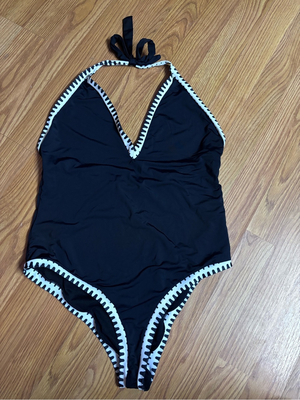 Women’s Size XL Black Halter One Piece Swimsuit with White Contrast Trim